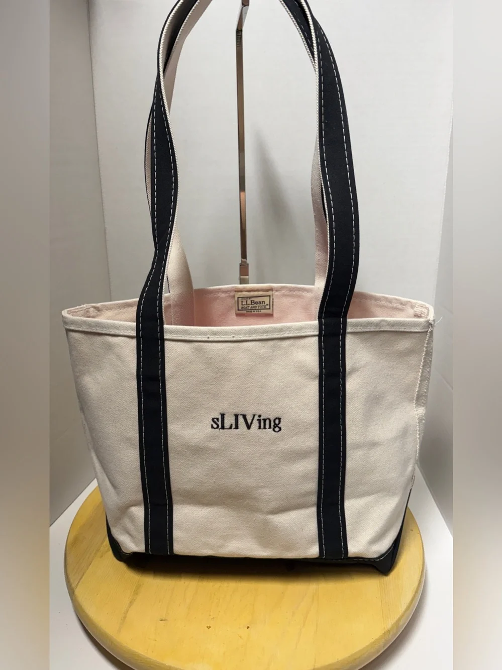 L.L. Bean Off White Boat and Tote Custom Cotton Canvas Bag Black Long Handles